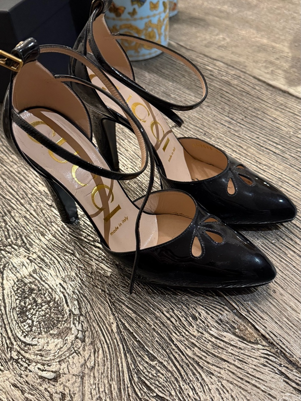 Gucci Black Patent Leather Pointed-Toe Ankle-Strap Heels - Picture 2 of 5